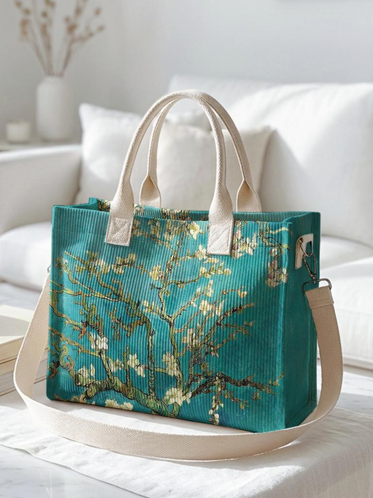 Apricot Print Corduroy Tote Bag with Multiple Pockets and Large Capacity for Art Enthusiasts Commuting Shoulder Bag