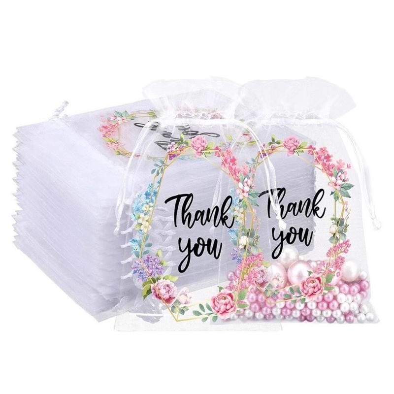 

50 штук Нежный подарочный пакет «Спасибо» Пакет для упаковки ювелирных изделий Шикарный сетчатый пакет с вышивкой Сетчатый материал для дней рождений Свадеб