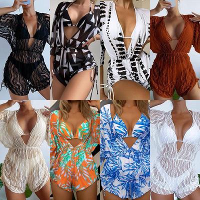 2024 High-Waisted Mesh Waist-Cinched One-Piece Swimsuit with Printed Drawstring and Three-Piece Bikini Set