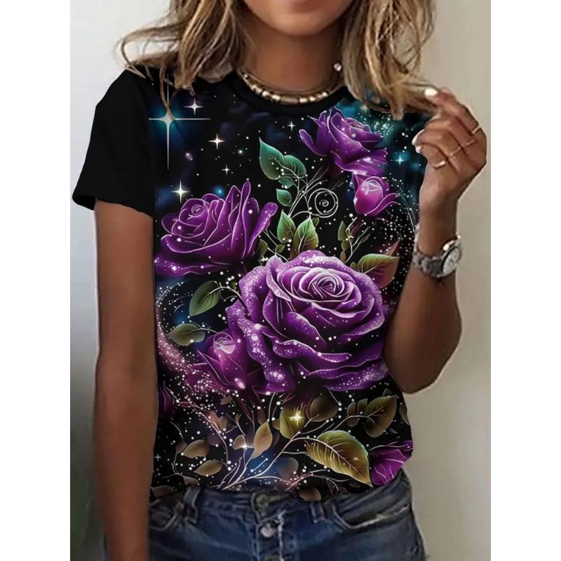 Fashion Women's Crew Neck T-Shirt 3D Flower Color Printing Crew Neck Short Sleeve