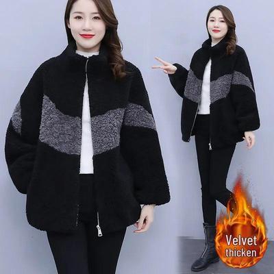 Women's Plus Size Color Block Fleece Coat - Lamb Wool One-Piece, Autumn & Winter Fashion