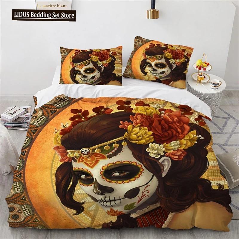 Skull Duvet Cover Queen Size Microfiber Vintage Sugar Skull Girl Day Of The Dead Bride With Dark Color Roses Graphic Bedding Set
