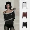 Korean Badblood Bcac Series Women's Slim Long Sleeve Retro Striped One-Shoulder Top