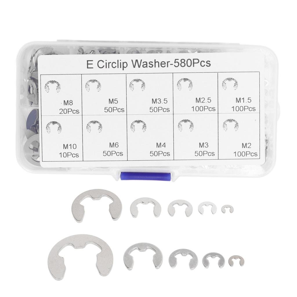580Pcs E Circlip Washer Set with Storage Box Stainless Steel Firm Fixing E Type Retaining Washer