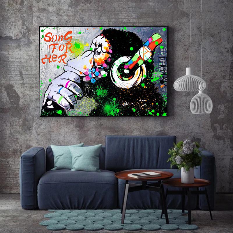 Modern Graffiti Art Animal Poster Print Trend Gorilla Monkey Listening To Music Canvas Painting  for Living Room Home Wall Decor