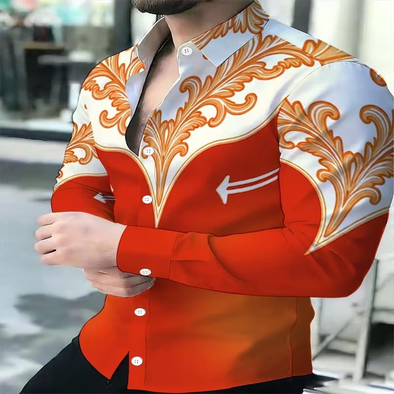 Men's Luxury Long-Sleeve Shirt, Black and White 3D Printed Button Casual Shirt, Fashionable Slim Fit Party Top
