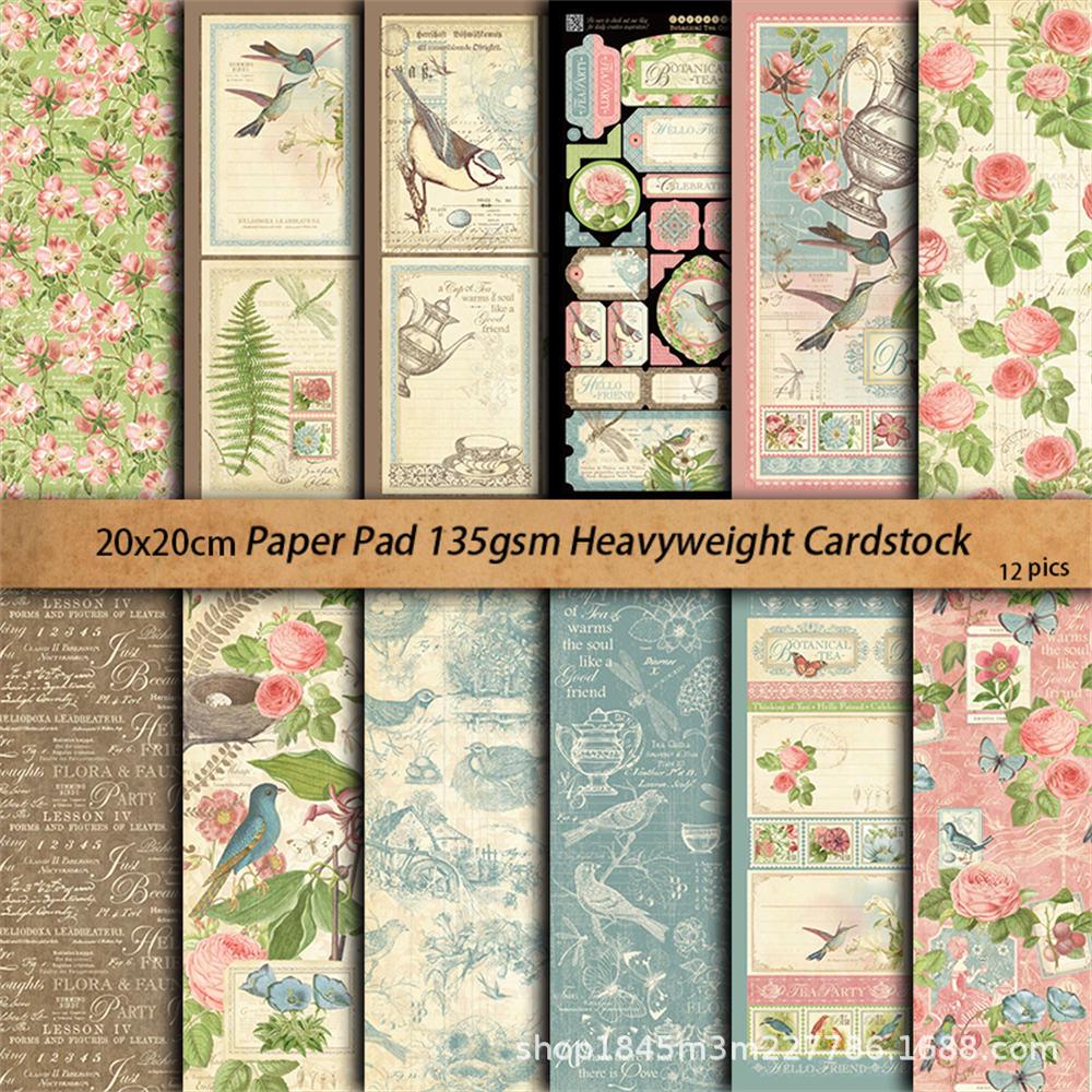 12 Sheets Retro Plant Tea Background Collage Paper for European and American Themes