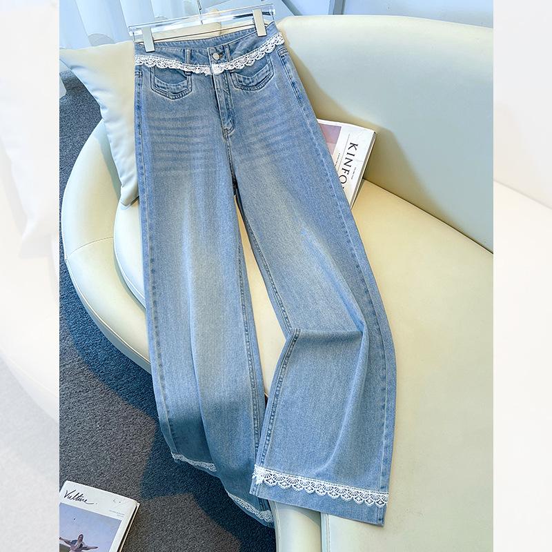 

Женские джинсы клеш с высокой талией, кружевной вставкой и эффектом похудения, горячий стиль весна/лето 2025 S (80-95 jin) синий