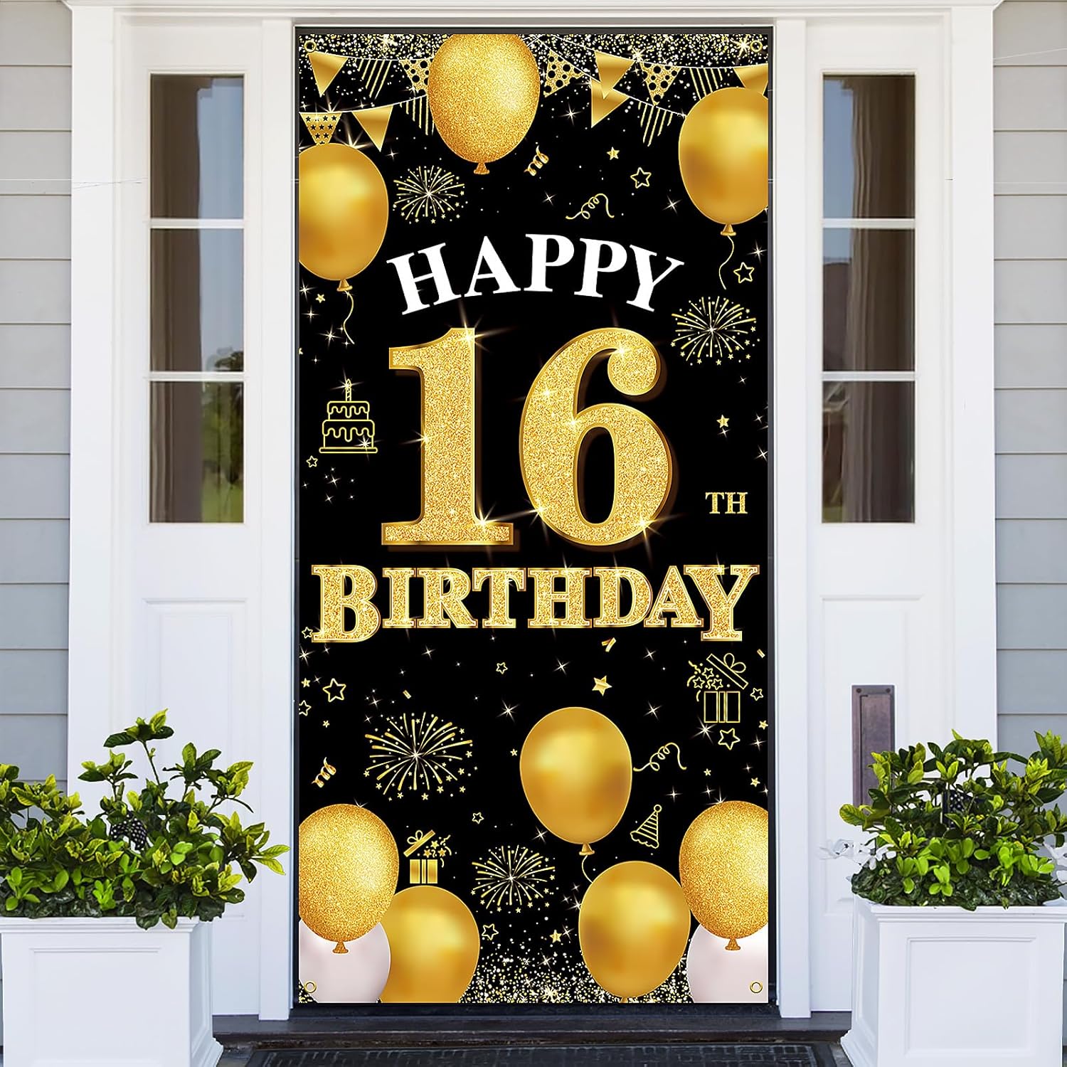 Happy 16th Birthday Decorations for Girls and Boys, Black and Gold 16th Birthday Banner Backdrop, Fabric Door Decor Yard Sign Photo Props, 16 Year