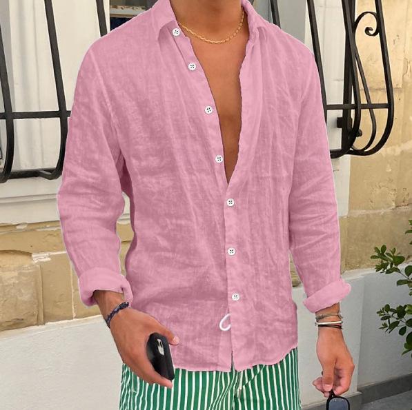 Men's Long Sleeve Linen Beach Shirt - Solid Color, Casual, Turn-Down Collar, Spring/Summer Wear