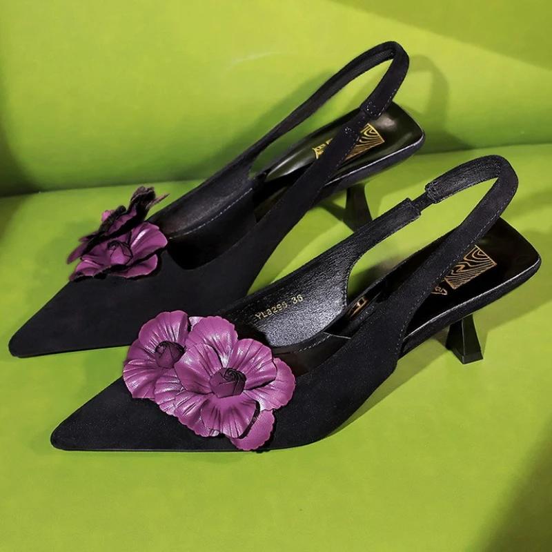 Fashion Flower Suede Pointed Toe Pumps Sandals for Women Retro Elegant High Heels Woman Fashion Designer Slingback Dress Shoes Ladies