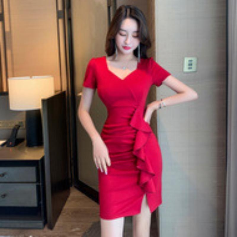 Sexy solid color dress slim split hip skirt deep neck low cut backless bar skirt Spice girls dress women