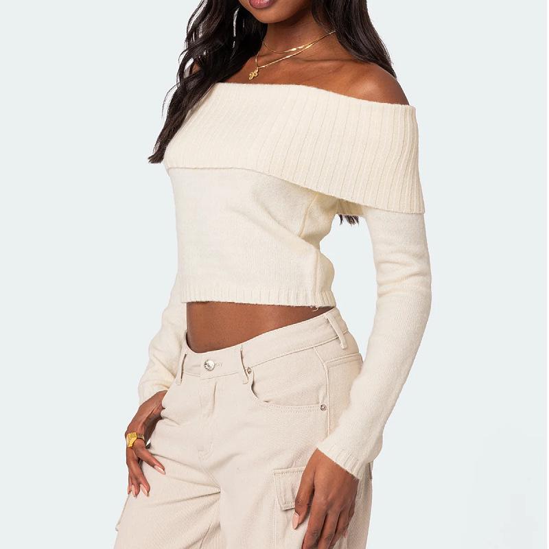 2025 Women's Solid Color One-Shoulder Long Sleeve Knitted Pullover Sweater - European & American Spring Collection