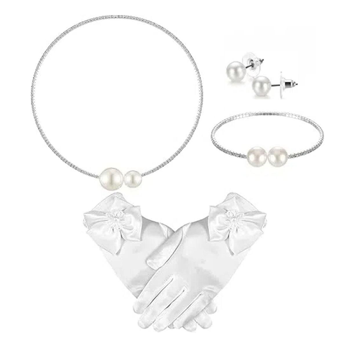 

Sparkly Rhinestone Collar with Elegant Bow Satin Gloves - 4 - Piece Kids Necklace Set for Daily Wear , Party , Gift серебряный