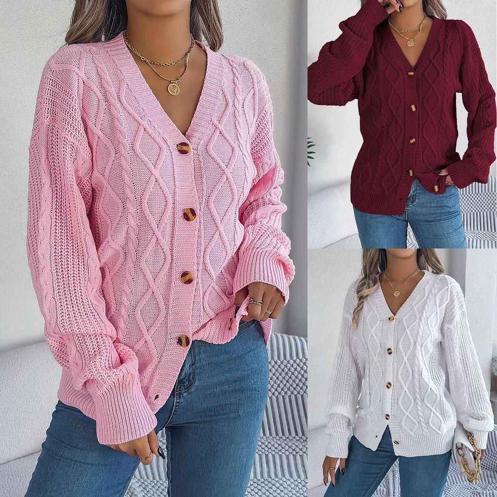 2025 Autumn/Winter V-neck Lantern Sleeve Cable Knit Button Cardigan Sweater for Women