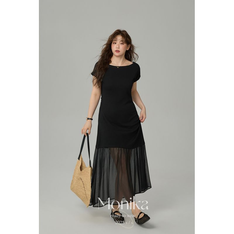 

Plus-Size Tummy-Concealing Slimming Mesh Patchwork French-Style Dress for Women, 2026 Summer New Model, Elegant Little Black Dress for Curvy Women Black XL