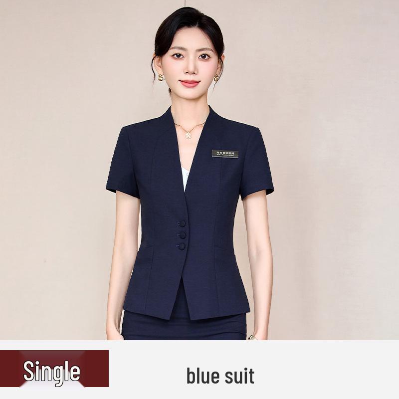 Women's Blue Short-Sleeve Professional Suit Set for Hotel Manager or Receptionist - Spring/Summer Formal Workwear