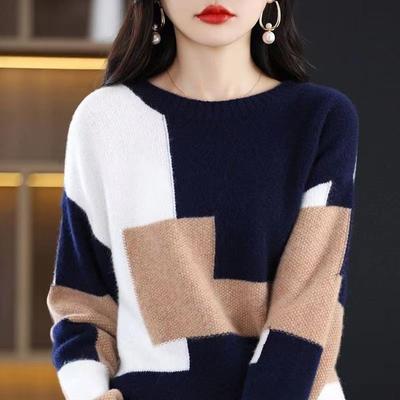 Women's Crew Neck Sweater Fall Winter Loose Knit Sweater Top Color Block Pullover Knit Jumper Outerwear
