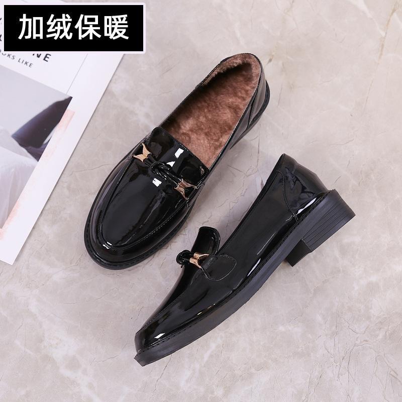 Genuine Leather SpringSeason and FallSeason Four Seasons Silent Work Gold Buckle Paint Glossy Round Head British Small Leather FootPairs Lady