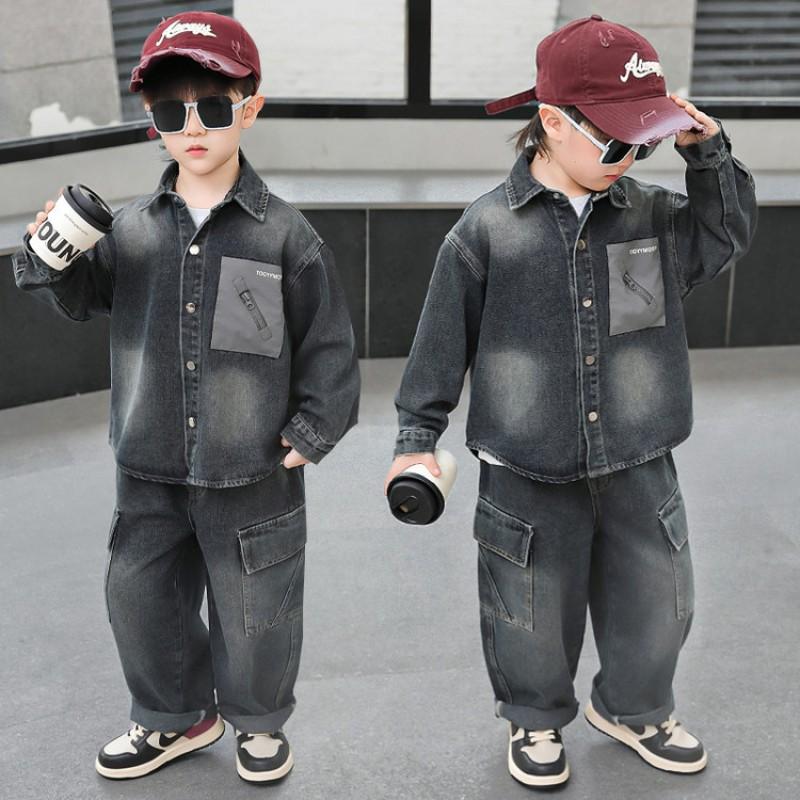 Boys Denim Two-Piece Set Fall 2026 Casual Kids Outfit Long Sleeve Top Pants Ages 3-8