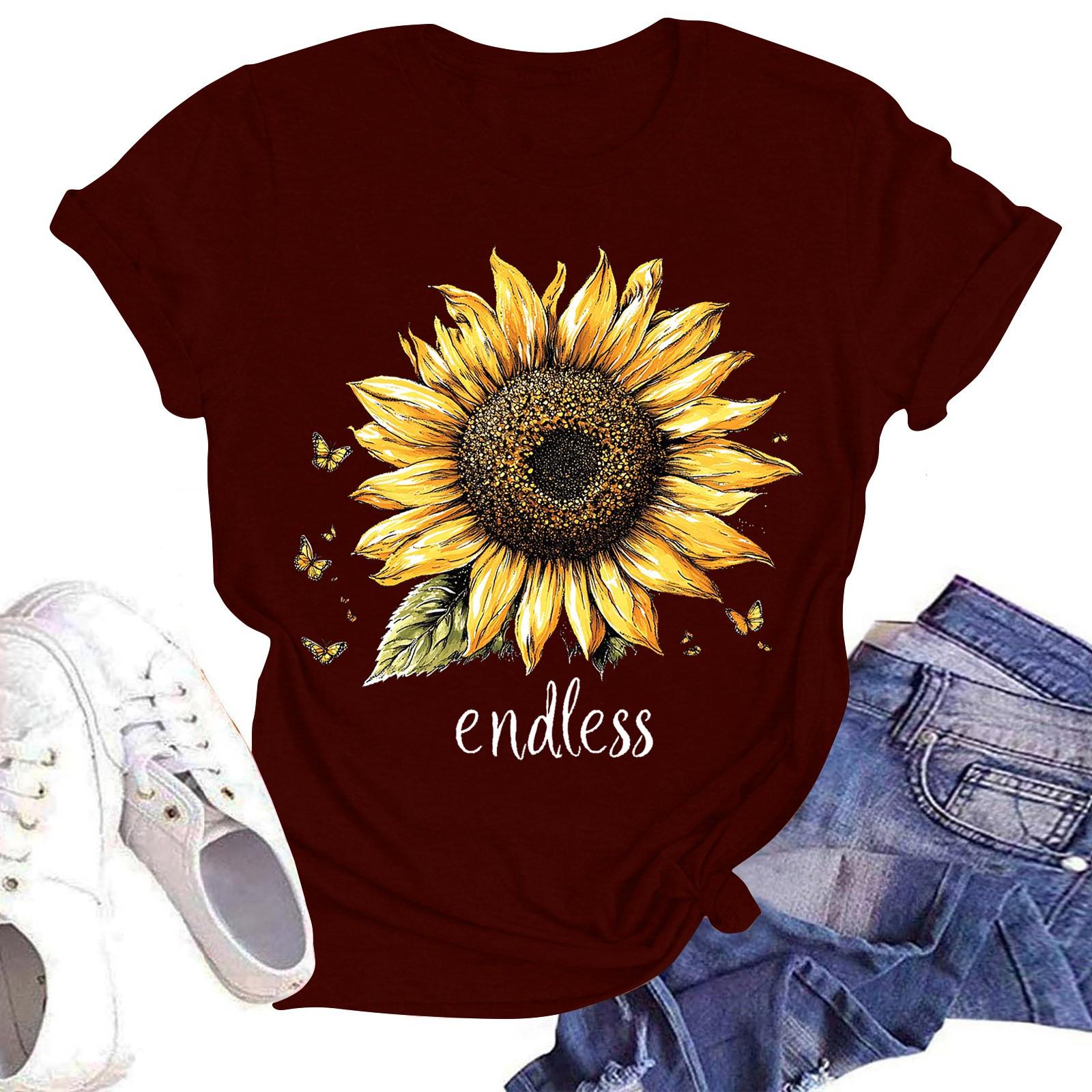 

Женская повседневная модная уличная футболка с коротким рукавом и принтом подсолнухов M винный