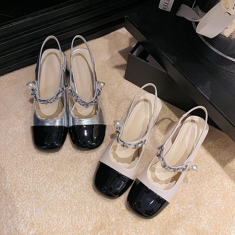 Summer high heels pearl chain silver Mary Jane women's shoes bag head thick heel color matching sandals