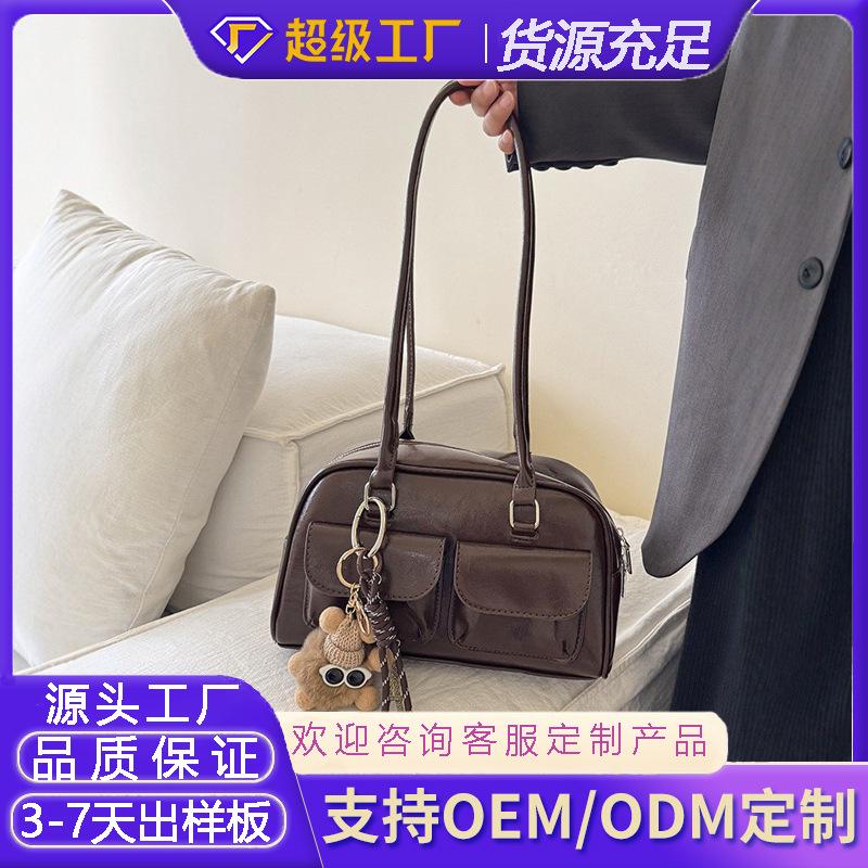Customized Tote Bag Hot Sale Large Capacity Korean Version Women's Shoulder Underarm Oil Wax Leather Bag Double Bag Casual Portable