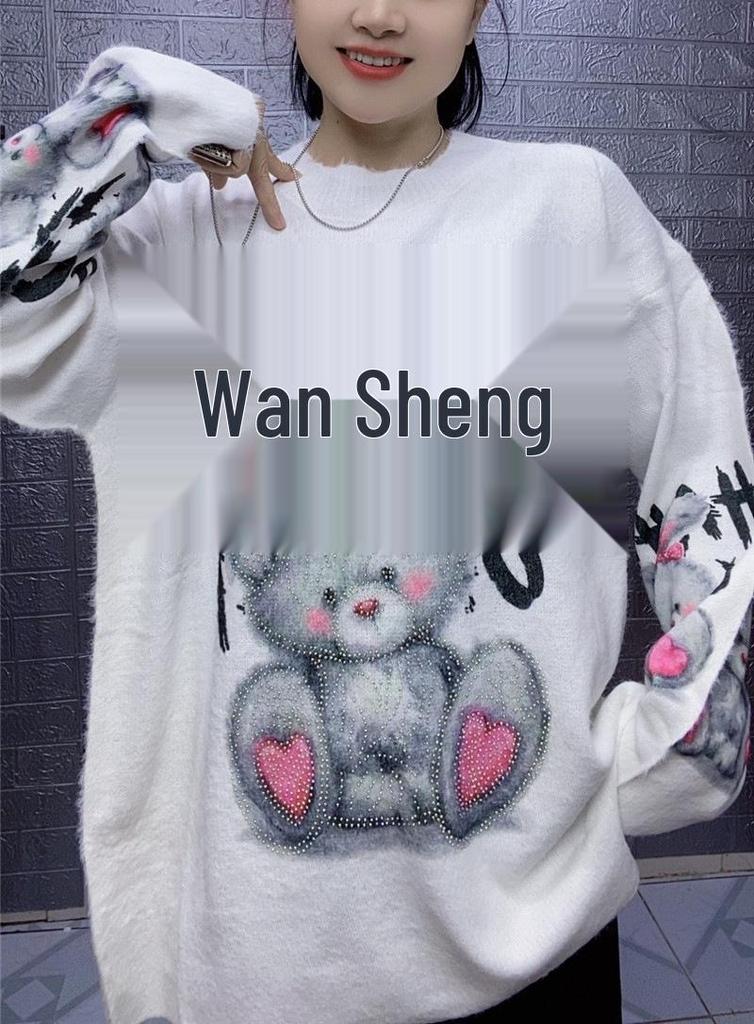 2025 Autumn/Winter Rhinestone Rabbit Cartoon Hoodie for Women - Loose Fit with Letter Detail
