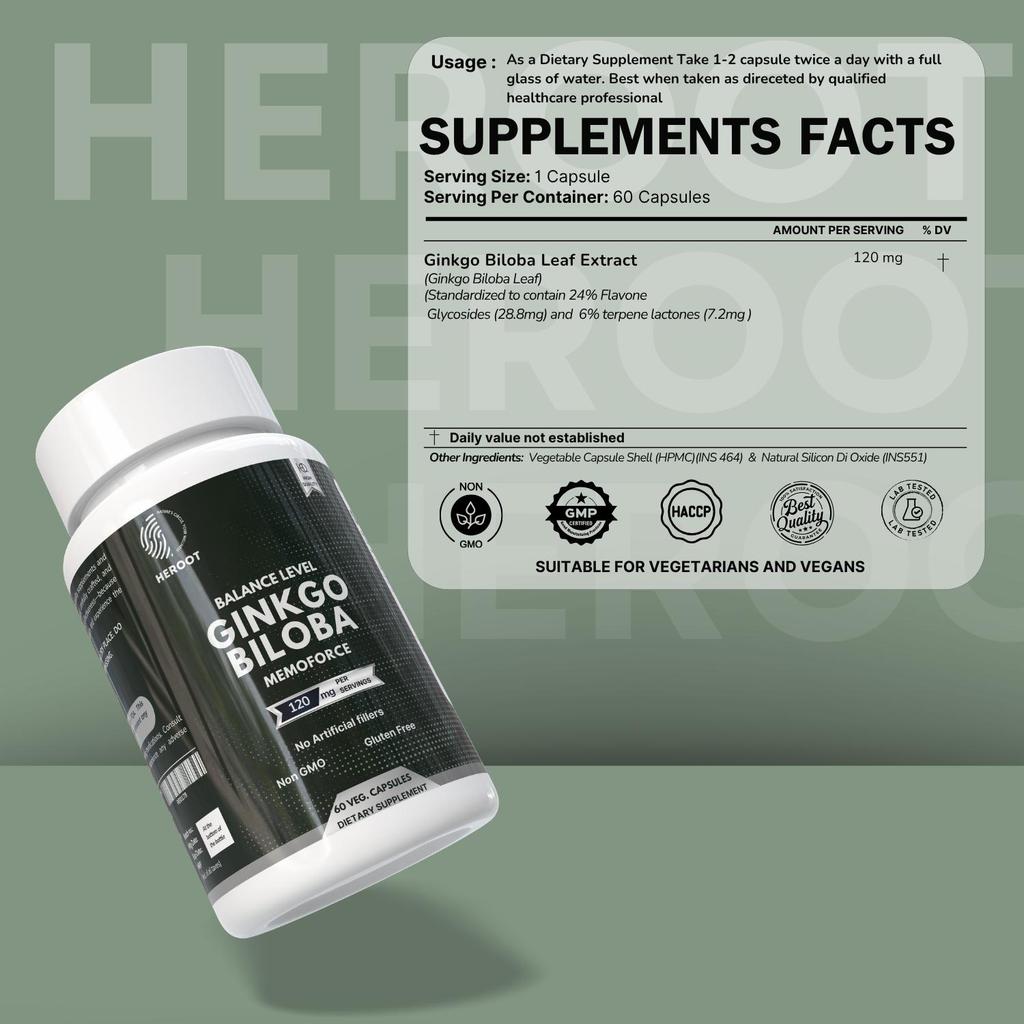 Heroot Estratto di Ginkgo Biloba Capsule da 120mg – Senza Glutine e Non OGM | 60 Capsule