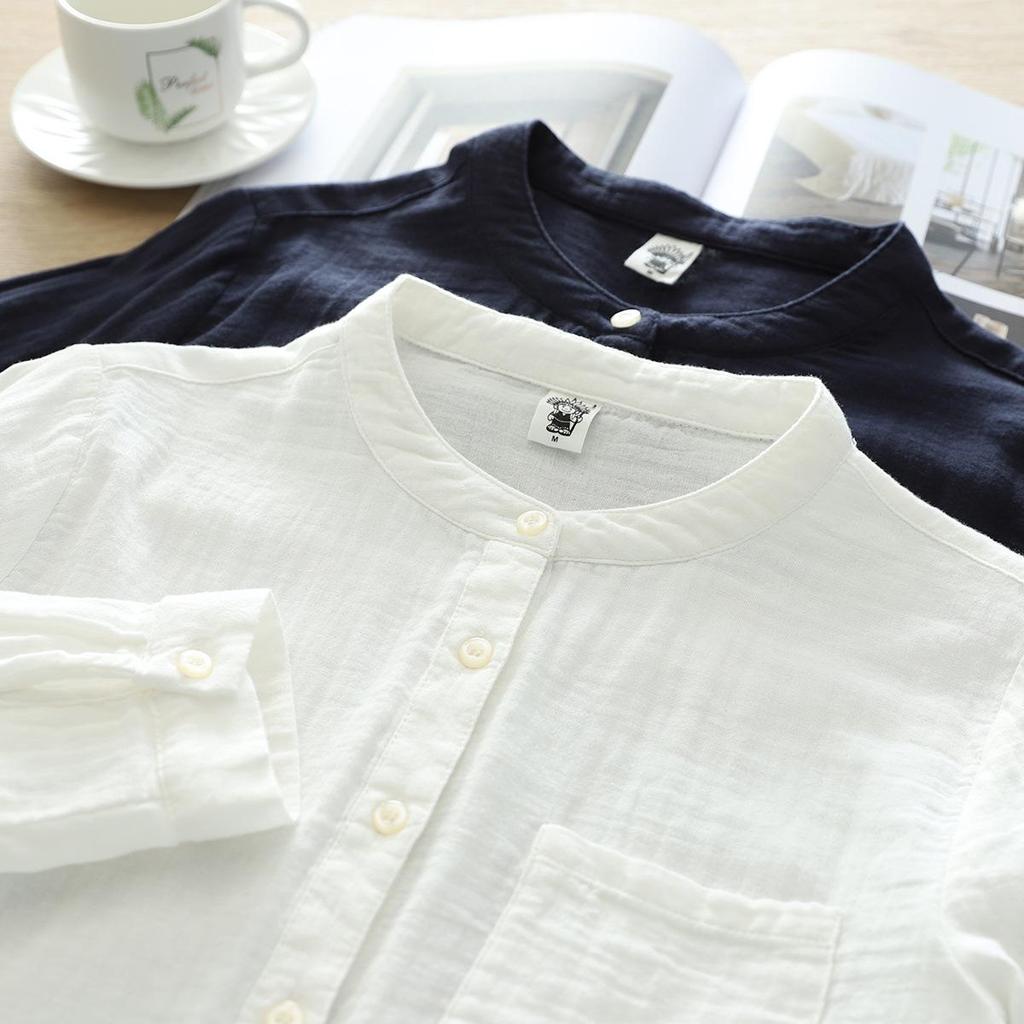 Women's Stand Collar Pure Cotton Shirt - Loose Double Layer Cotton Gauze
