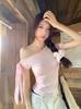 Pink Slanted Shoulder Straps Short-sleeved T-shirt Women's Summer Pure Desire Wind Sweet Spice Girl Design Sense Lace Splicing Waist Top