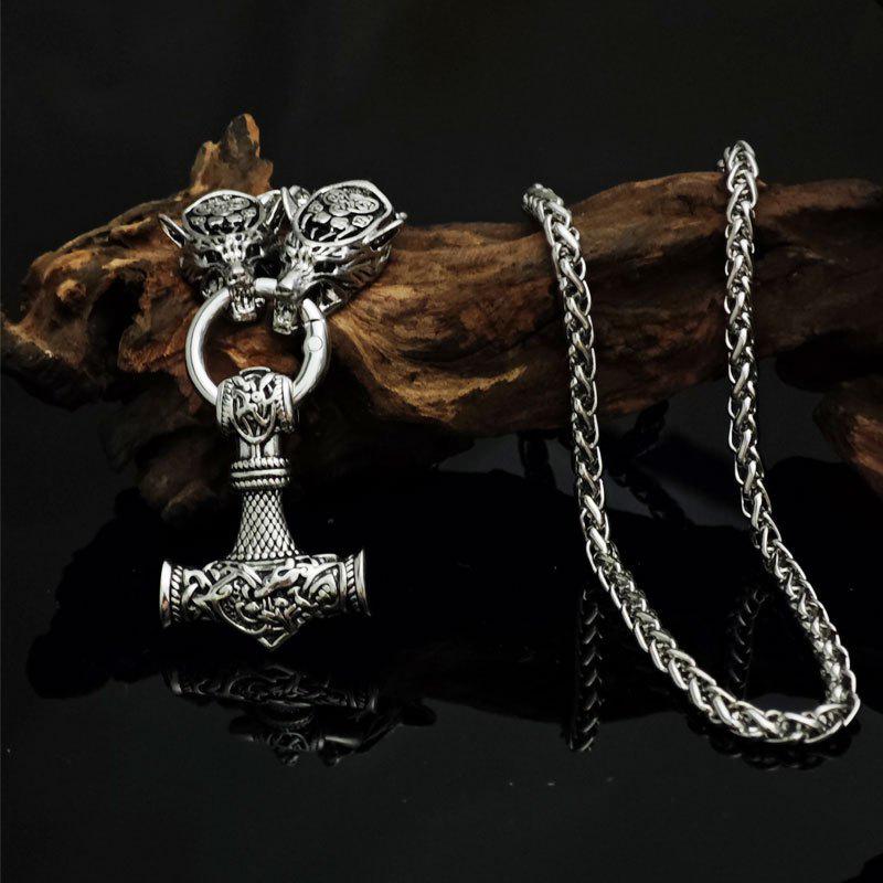 

Подвеска «Молот викинга» в стиле скандинавского викингов с рунами в виде головы волка и когтя медведя — мужское панк-украшение-амулет
