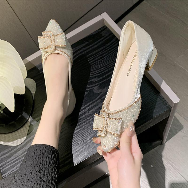 2026 Summer New Pointed Toe Rhinestone Single Shoes Women's Block Heel Sexy French Shallow Mouth Versatile