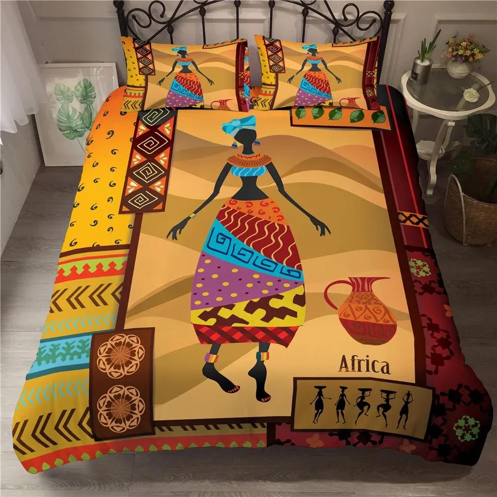 Afrikanische Frau King Queen Bettbezug Retro Exotische Tribal Black Girl Muster Bettwäsche Set Afrika Polyester Quilt Cover Kissenbezug