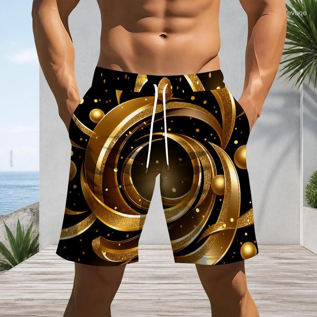 Mens Plus Size Beach Shorts Luxury Glitter Gold Dark Green Swirl Print Casual Drawstring Quick Dry Shorts For Summer Swimming Surfing Beach Holiday