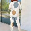Women Plus Size White Blue Printed Round Neck Long Sleeve Top Fitted Pants Two Piece Set