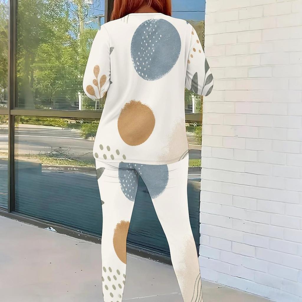 Women Plus Size White Blue Printed Round Neck Long Sleeve Top Fitted Pants Two Piece Set