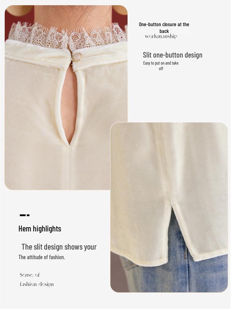 Damen Seiden Samt Plissee Spitze Pullover mit Stehkragen - Herbst Französischer Stil