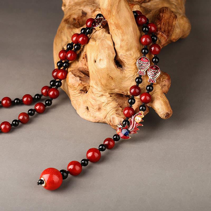 GEMCHIC Women's Vintage Chinese Style Cloisonné Phoenix Necklace Long Red Agate Beads Sweater Chain Ethnic Jewelry Gift