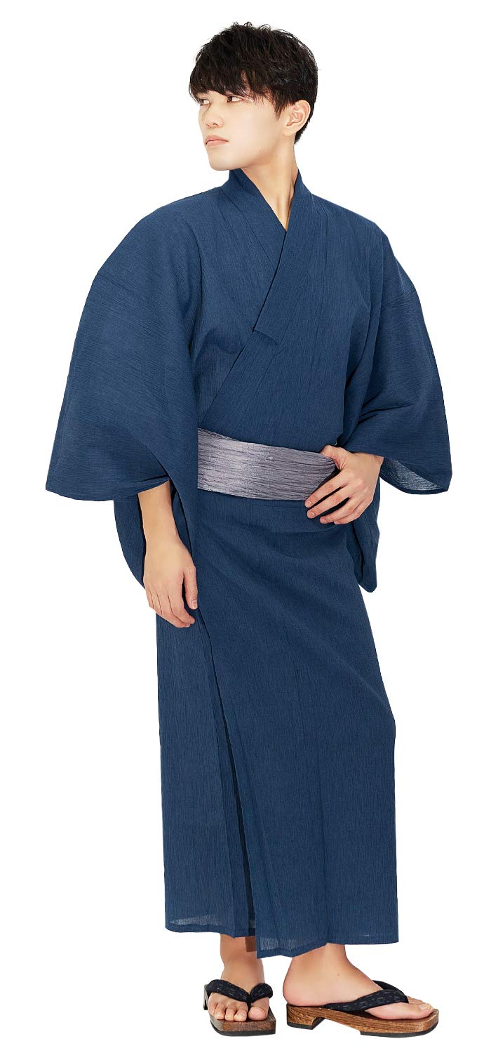 

Yukata Set Large Size Black Navy Grey Obi Geta Waist Cord Drawstring Bag Cotton Linen Plain Stylish G Full Set Blue Obi [KYOETSU] Men s - 6-Piece (L,