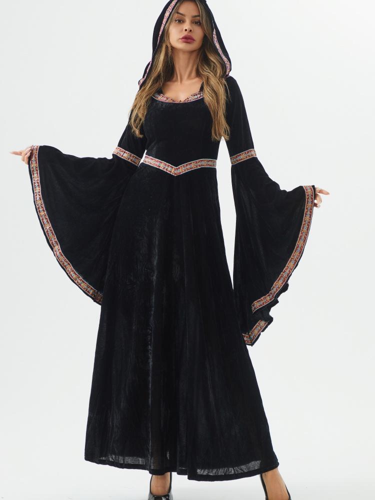 Mittelalterliches Retro-Gothic-Kapuzenpullover mit langem Hexenrock, luxuriöses Partykleid für Damen, Cosplay, Vampir, Halloween, Kostüm für Erwachsene