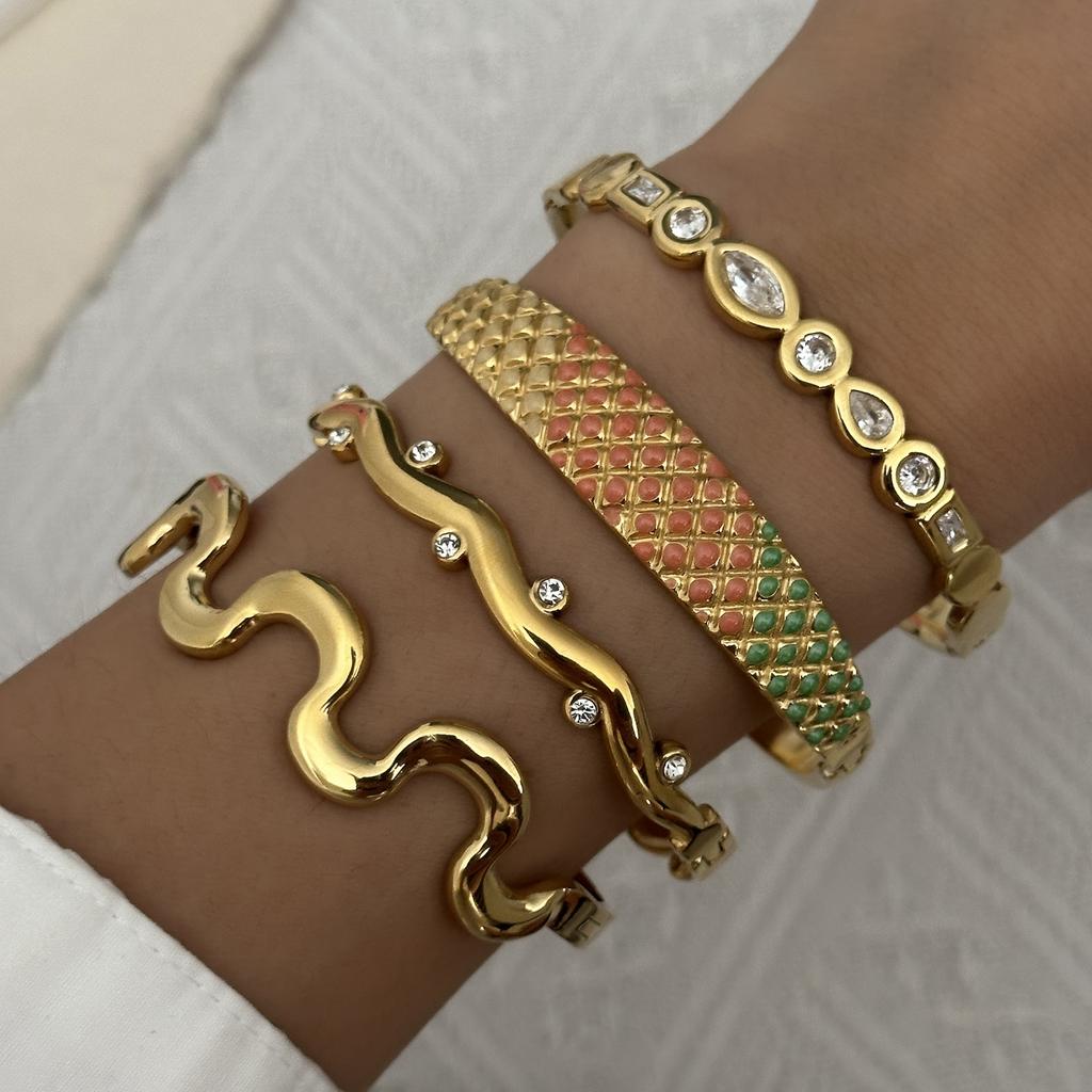 Fashion Geometric Zircon Stainless Steel Cuff Bracelets Set for Women Vintage Wave Enamel Bangle Party Jewelry Gift