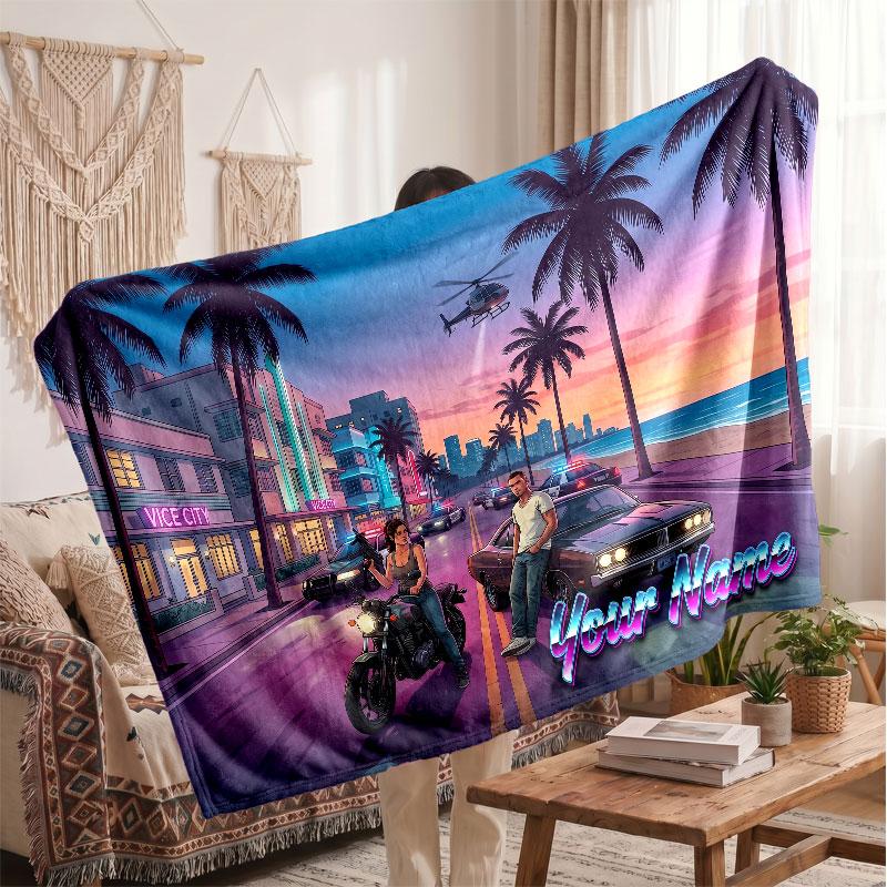 GTA Personalized Flannel Blanket, Custom Printed Text Name, Warm Soft Blanket For Couch Bed