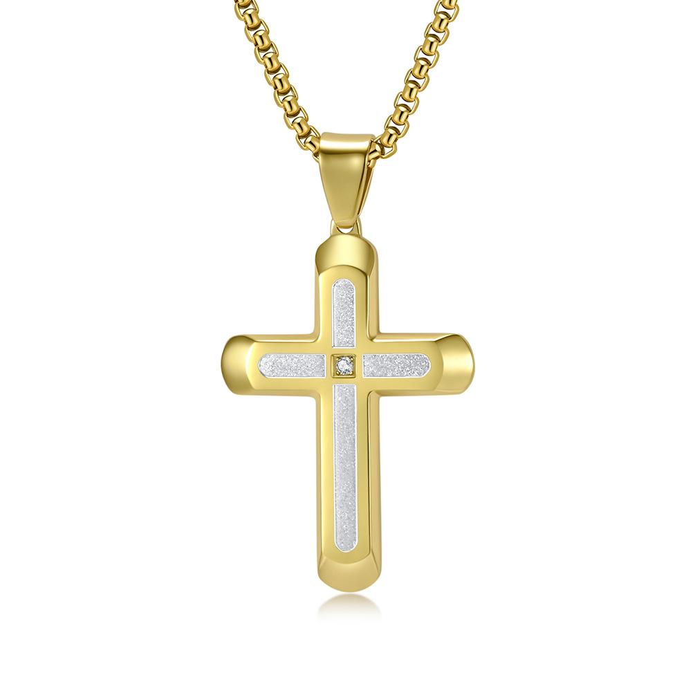 Round Head Beveled Diamond Sand Men s Cross Pendant Personalized Stainless Steel Necklace Versatile Neck Chain 60CM