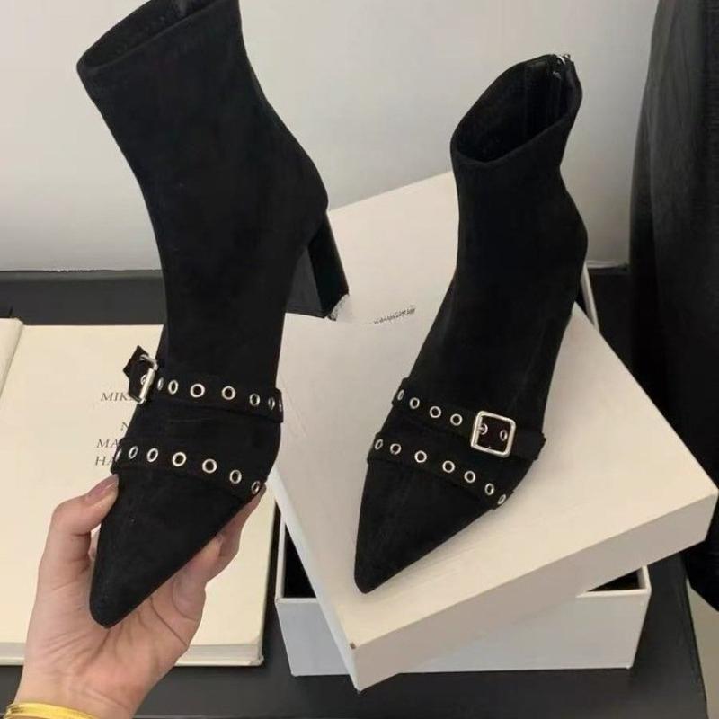 

Fashion Women s 2025 Autumn Winter New Belt Buckle High Heel Booties Riveted Block Heel Pointed Toe Naked Boots 35