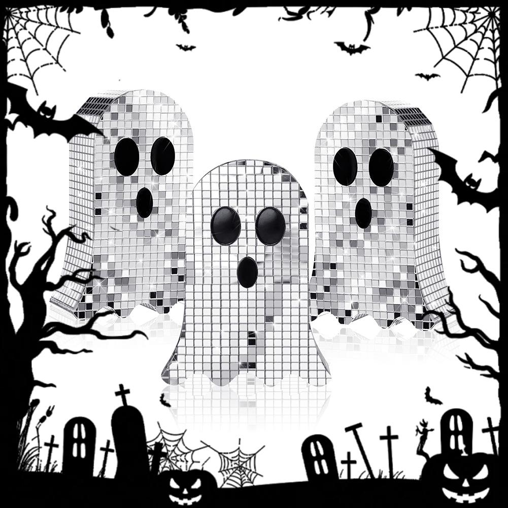 3Pcs Halloween Ghost Disco Ball Table Decoration 6inch Mosaic Horror Table Centerpiece Ghost Tiered Tray Decor for Party Gift