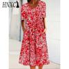 HNXC 30 Color Pleated Midi Dress Short Sleeve Round Neck Loose Hem Mid-Calf Length Women Floral A-Line Party Dress Casual Wear