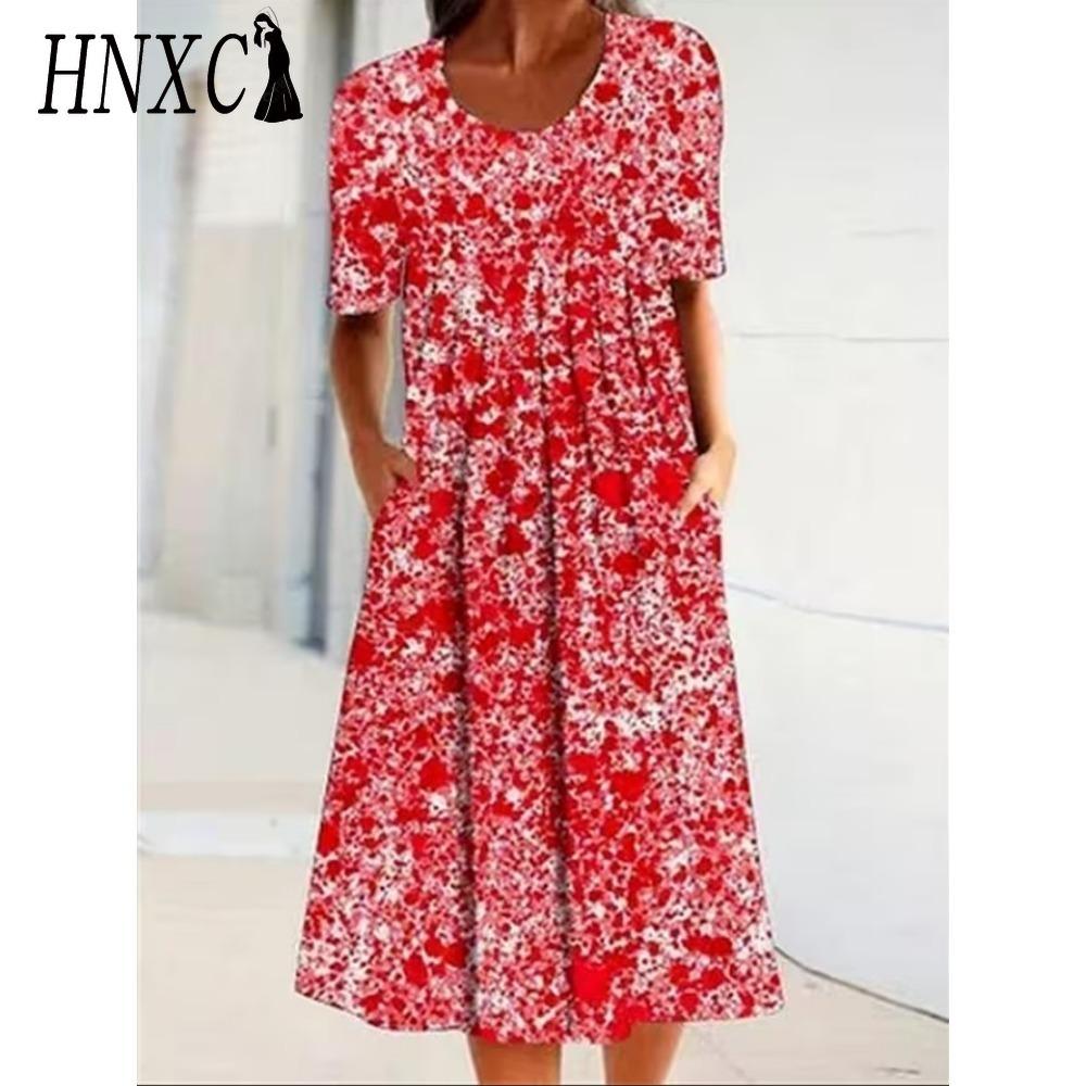 HNXC 30 Color Pleated Midi Dress Short Sleeve Round Neck Loose Hem Mid-Calf Length Women Floral A-Line Party Dress Casual Wear