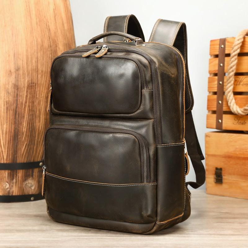 Retro Leather Backpack Men High-end Crazy Horse 15 Inch Computer Bag Outdoor Travel Business Trip