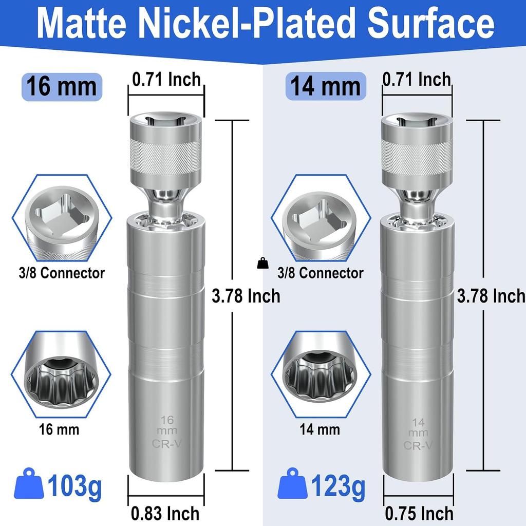 Set di chiavi per candele da 14 mm e 16 mm, Sottile, con attacco da 3/8", Strumento di rimozione candele, 12 punti, Snodabile, Magnetico, per la maggior parte dei modelli di auto